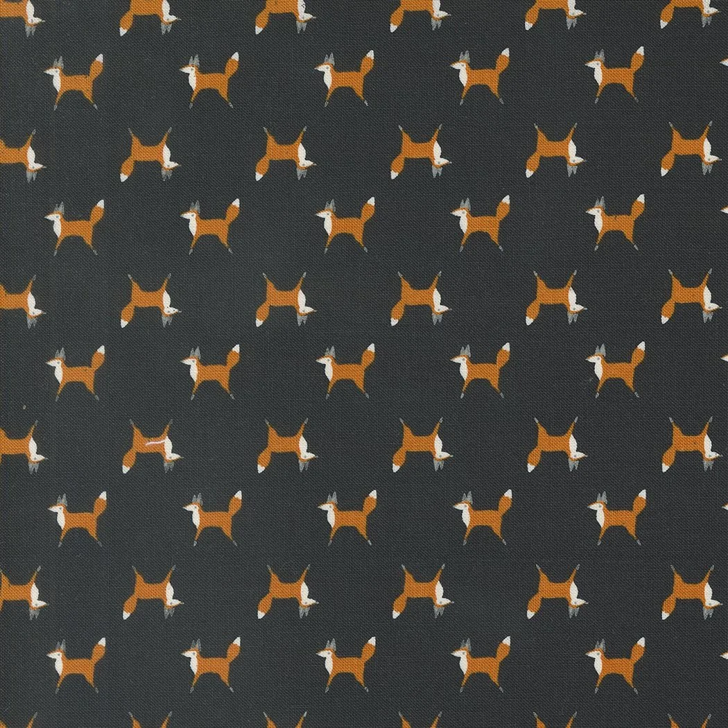 Pattern of multiple cartoon-style fox illustrations on a dark background.