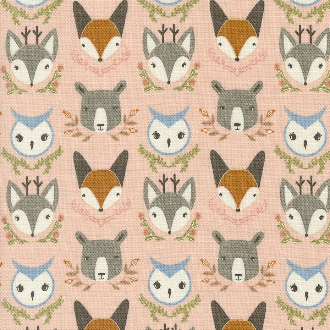 Pattern featuring cartoon-style woodland animals including foxes, wolves, bears, and owls, decorated with leaves and branches on a pink background.