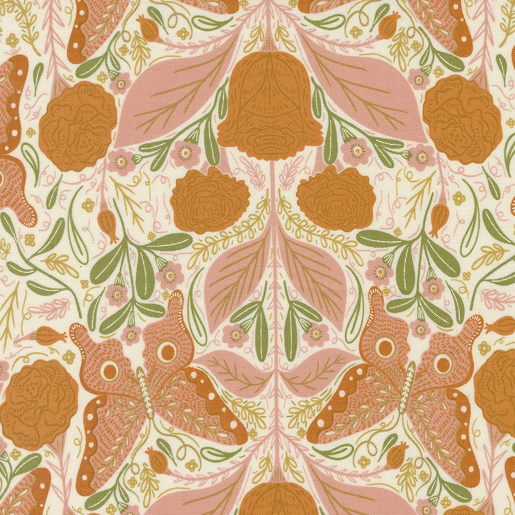 A symmetrical pattern featuring pink, orange, yellow, and green floral and butterfly motifs on a cream background.