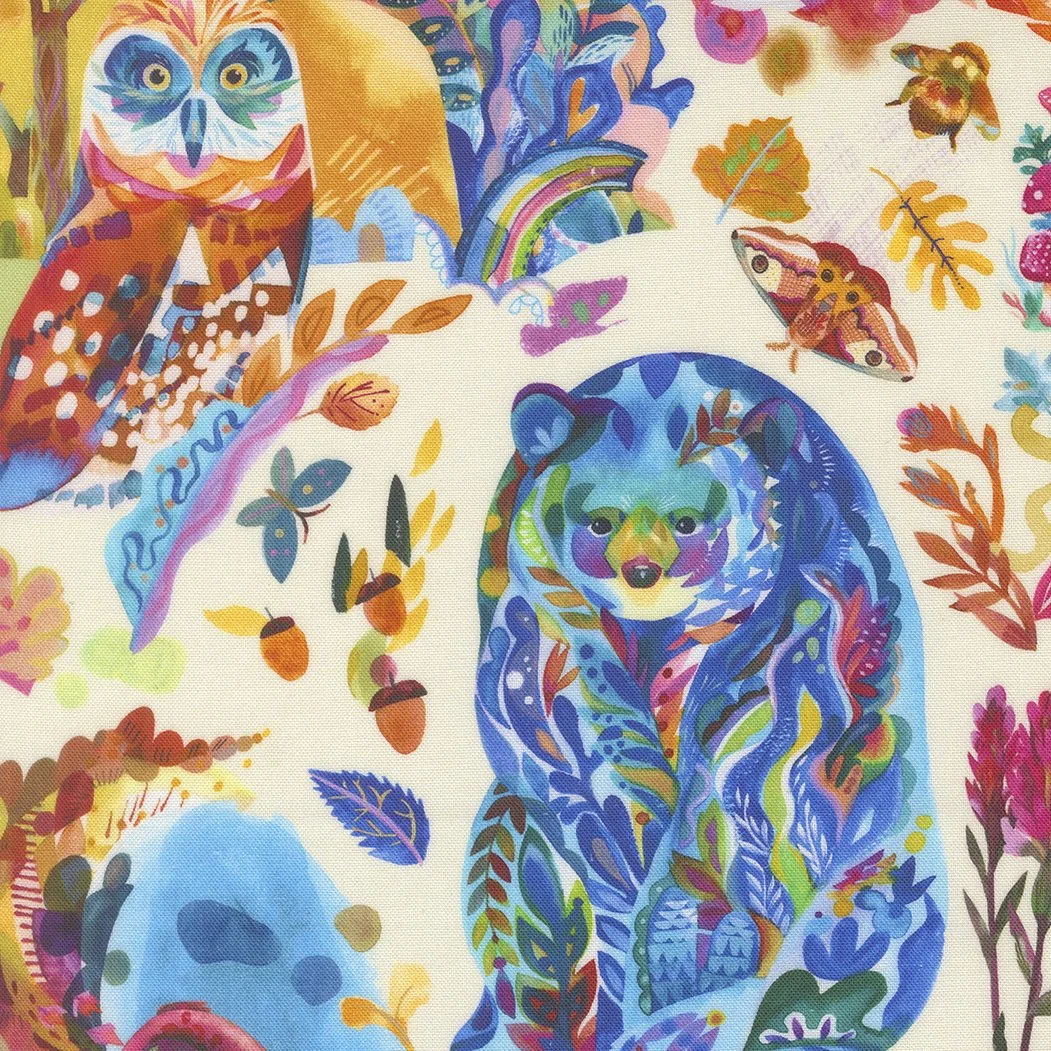 Colorful illustration of a bear, owl, and butterfly surrounded by leaves, acorns, and other nature elements with vibrant, abstract patterns.