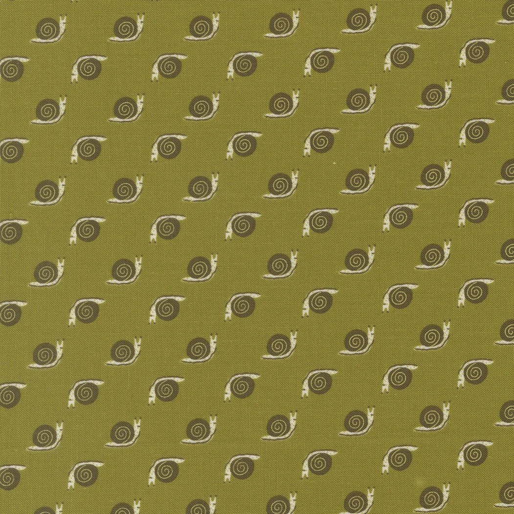 Green fabric with a repeating pattern of small, stylized snails in brown and white.