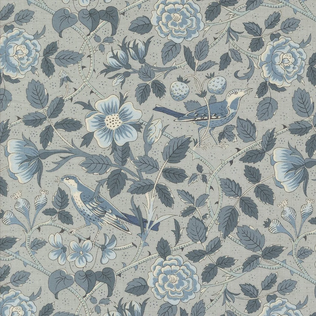 Pattern of blue and white flowers, leaves, strawberries, and birds on a gray background.
