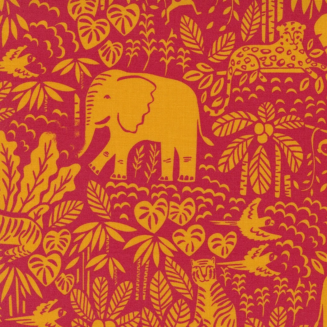 Yellow silhouettes of jungle animals and plants on a red background, including an elephant, a leopard, a bird, a tiger, a monkey, and various leaves and trees.