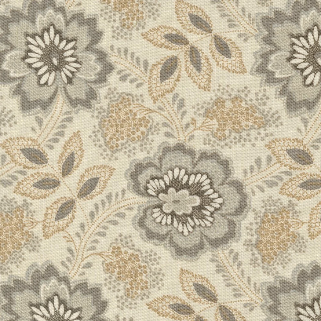 Close-up of a floral patterned fabric with gray and beige flowers and leaves on a cream background.