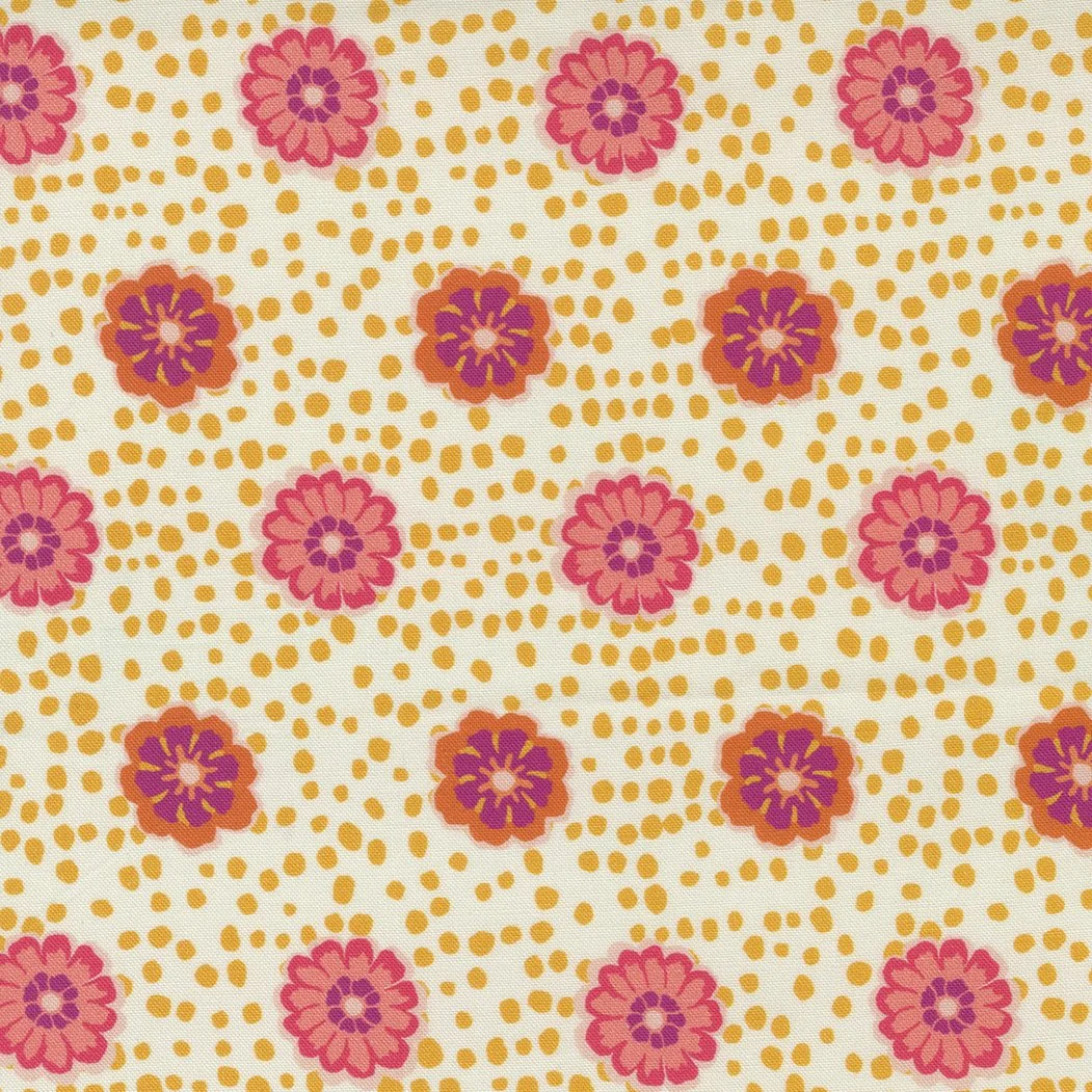 Pattern of pink and purple flowers with orange dots on a white background.