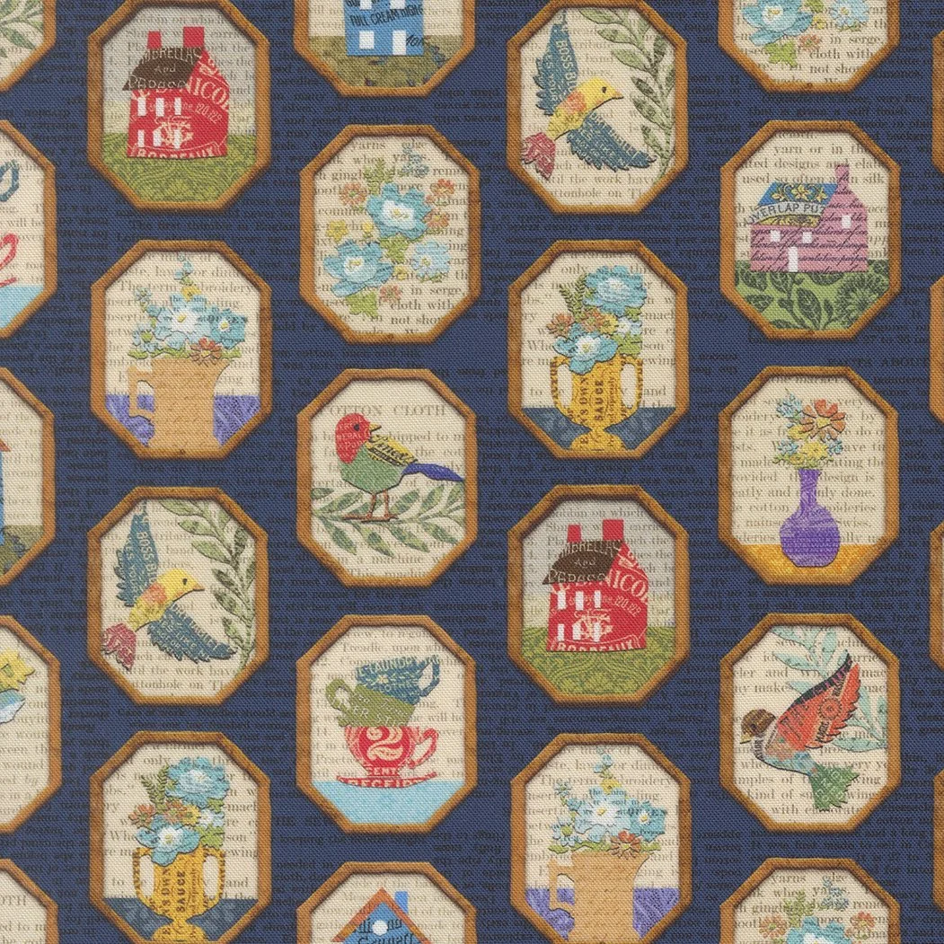 A fabric pattern featuring various embroidered vases and containers with flowers, birds, and household items, set against a dark blue background.