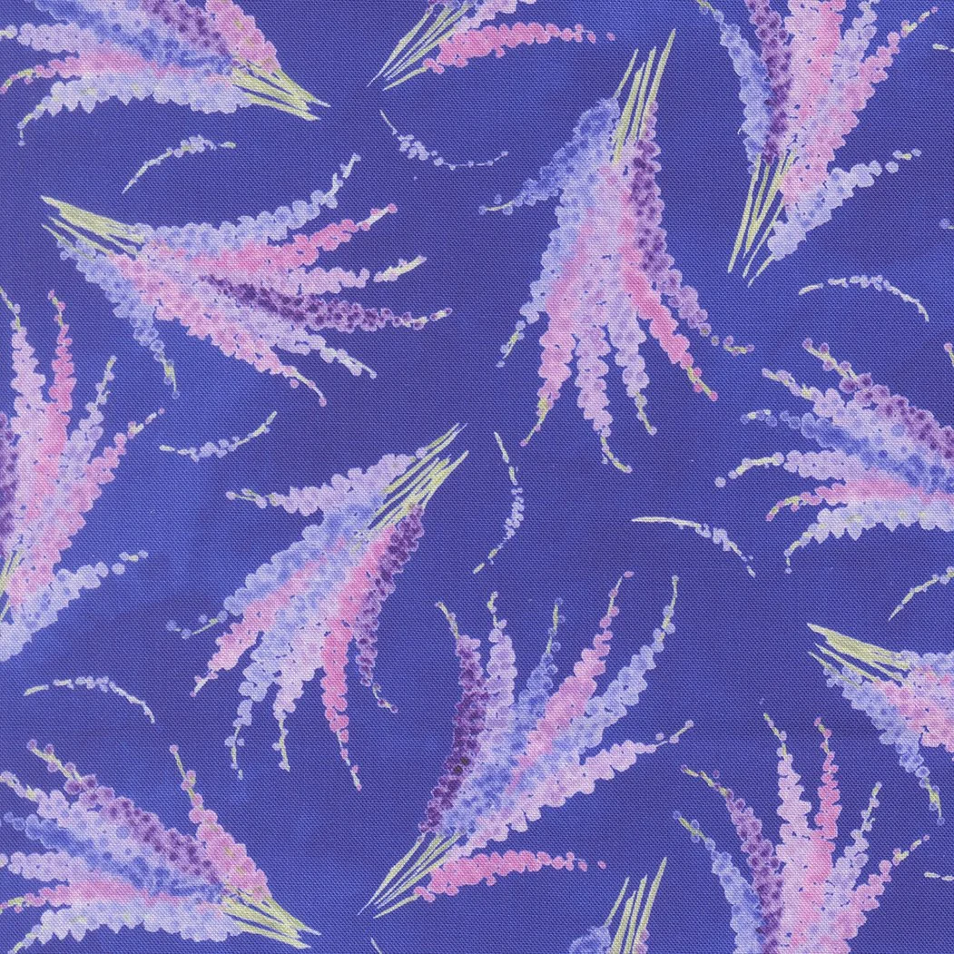 Pattern of pink and purple feathery flowers on a blue background.