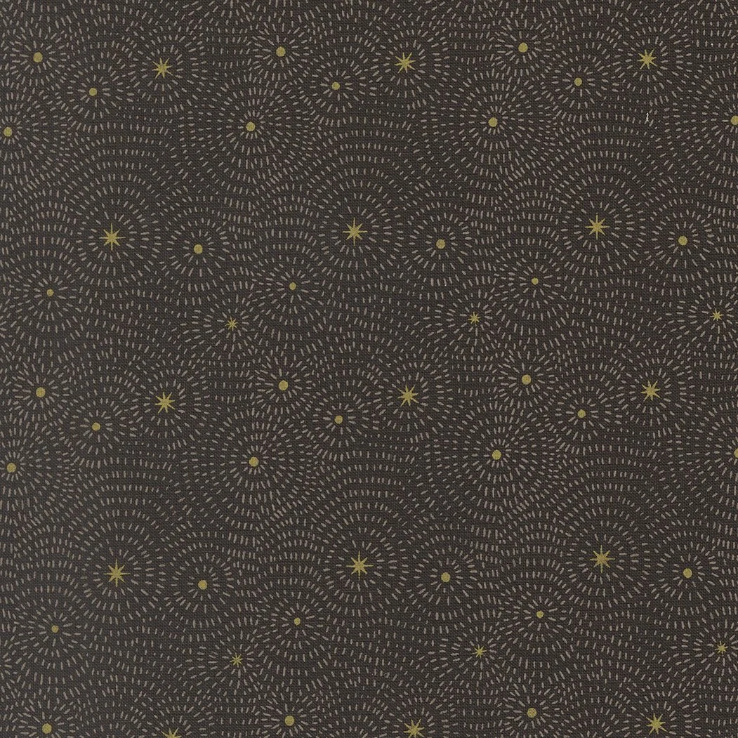 Pattern of yellow stars and gray dashes arranged in circular bursts on a black background.