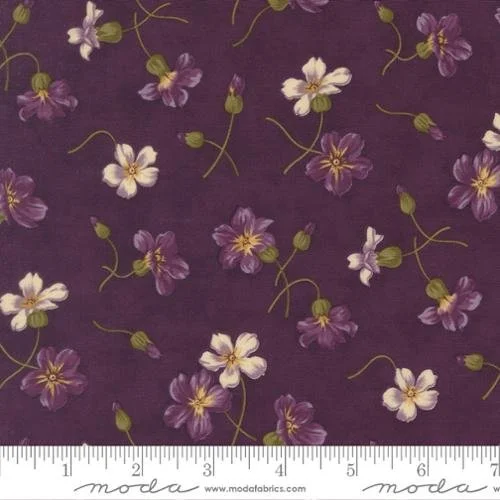 Pattern of purple and white flowers with green stems on a purple background.