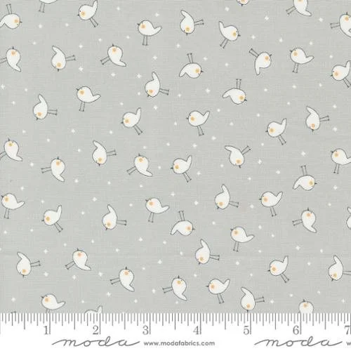 Pattern of white birds with orange beaks and tiny legs on a light gray background, scattered with small white hearts and dots.