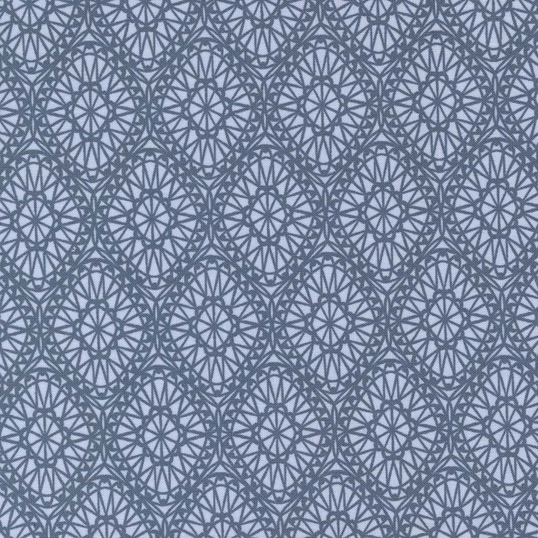 A patterned fabric with a geometric design featuring interconnected circular star-like shapes in shades of blue and gray.