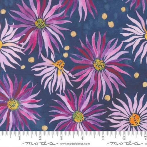 Pattern of purple, pink, and white flowers with yellow centers and small yellow dots on a dark blue background.