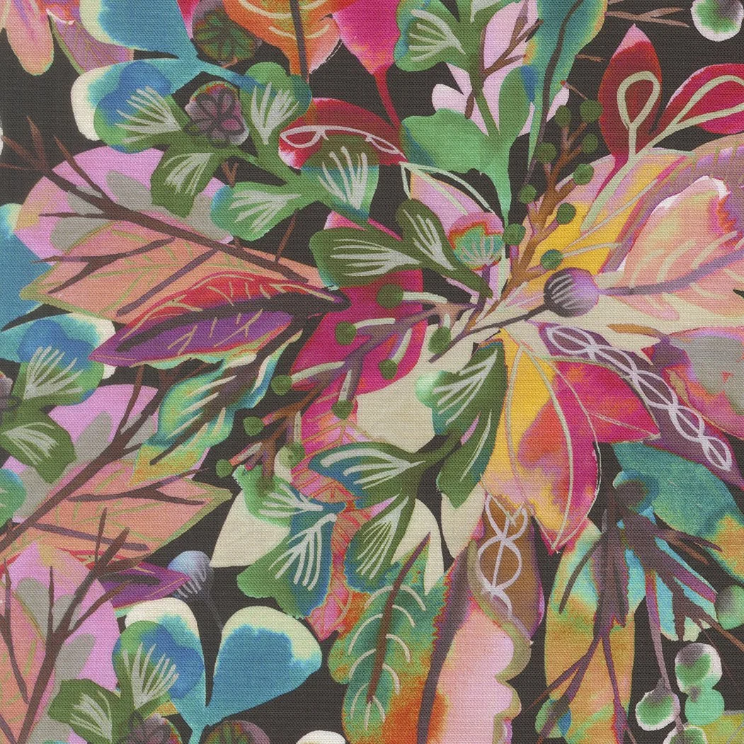 Colorful, abstract pattern of various leaves and branches with bright, vibrant colors on a black background.