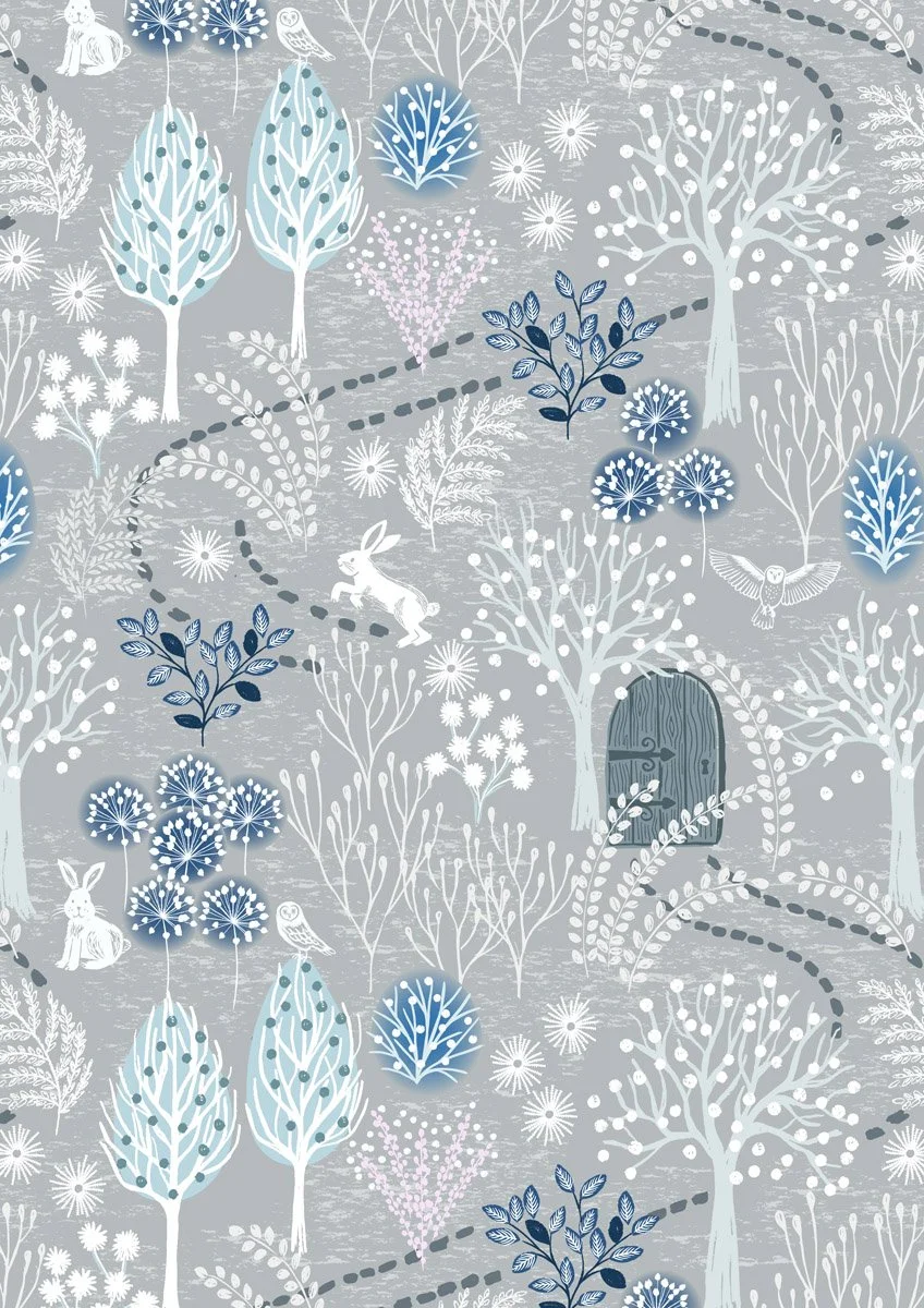 A whimsical winter scene with white and blue trees, animals such as rabbits, owls, and birds, and a small wooden door in the forest. The background is gray with a dotted path winding through the trees.