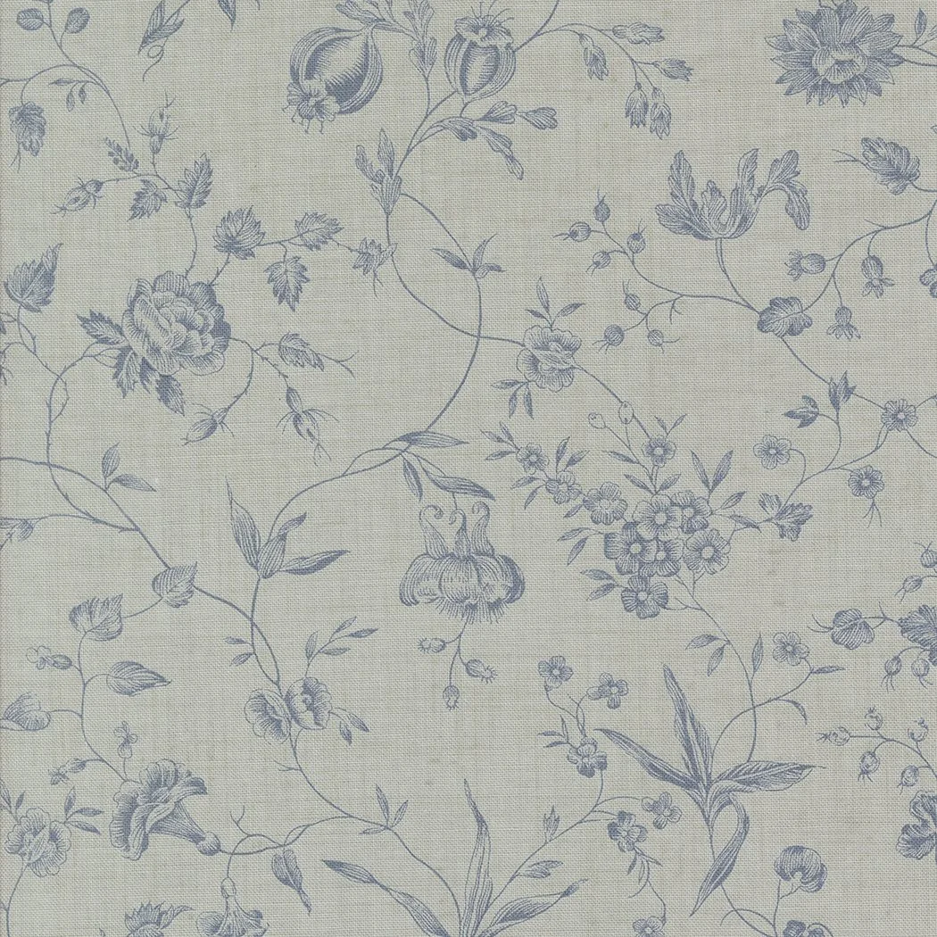 A fabric with a blue floral pattern on a light background, featuring roses, leaves, and other small flowers.