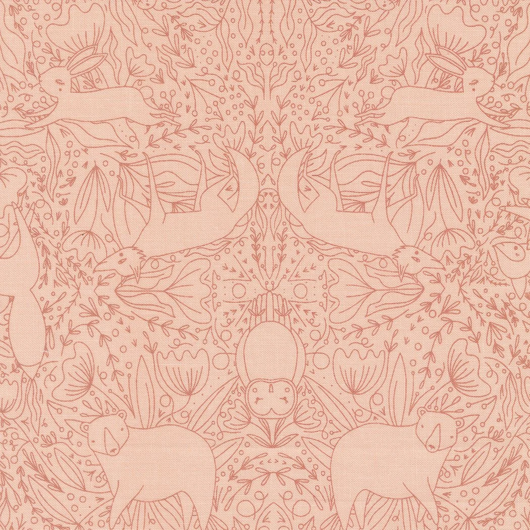A seamless, intricate pattern featuring foxes, bears, and various foliage and floral elements in soft pink line art.