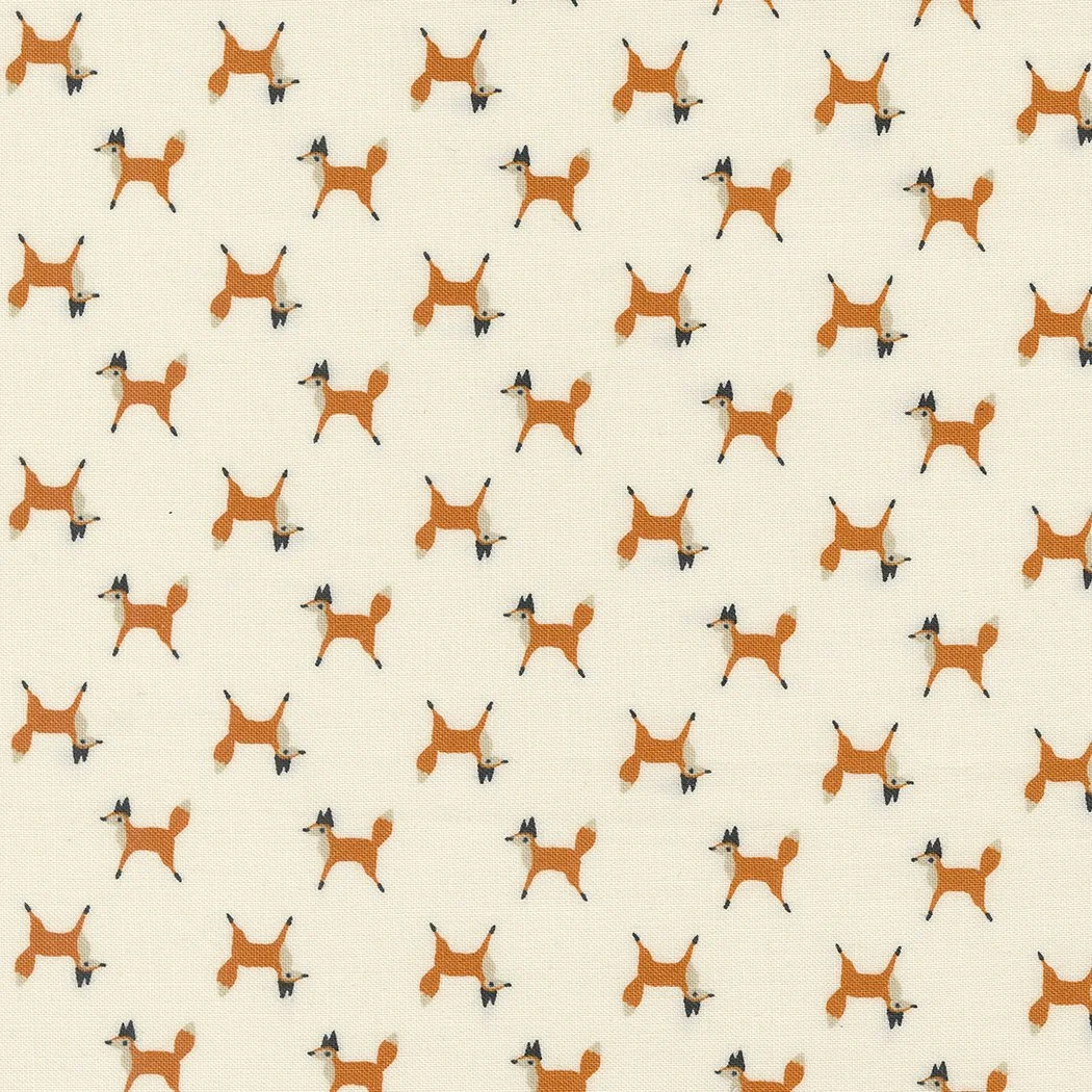 Repeating pattern of small orange and black dogs on a light beige background.