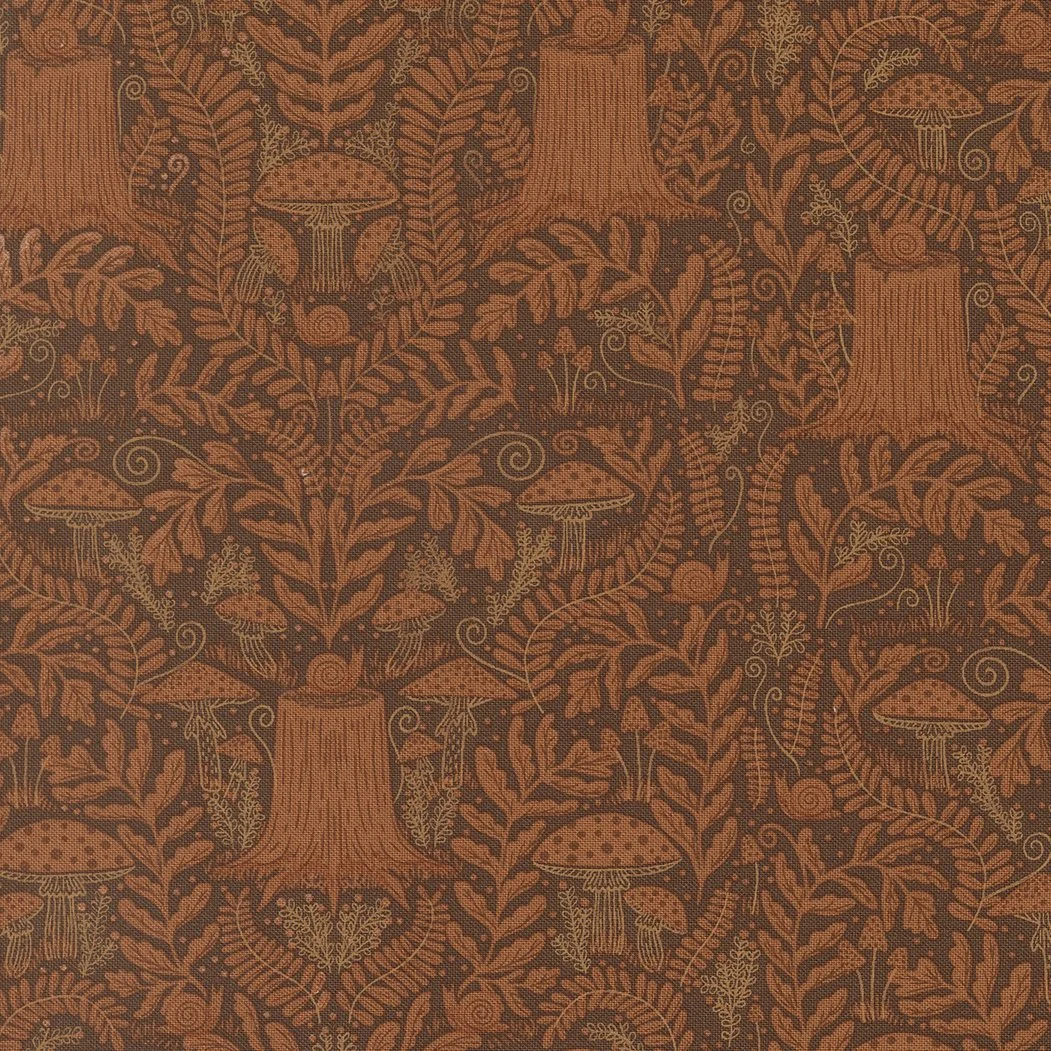 A detailed pattern featuring tree stumps, mushrooms, leaves, and foliage in warm tones of brown and orange, with intricate line work and decorative elements.