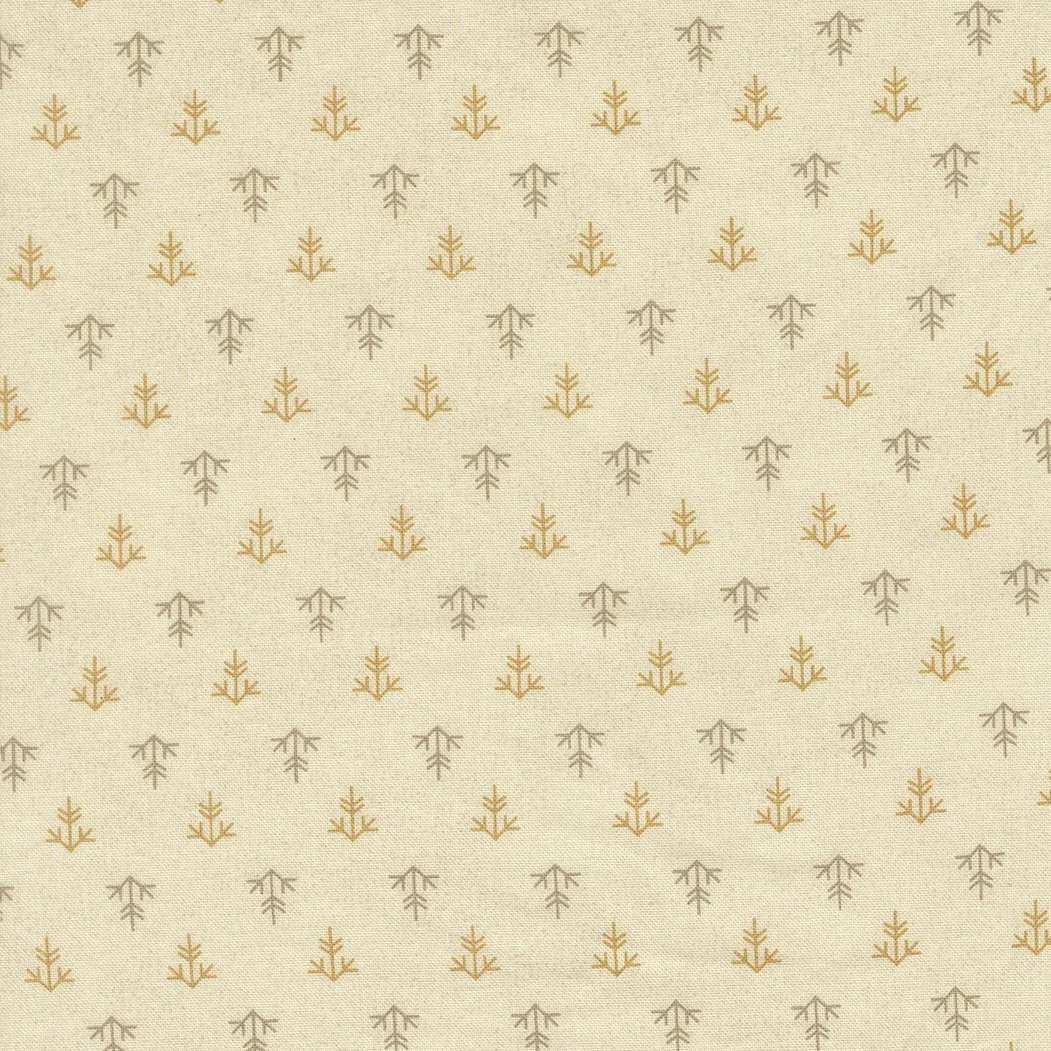 Pattern of small, stylized trees in orange and gray on beige fabric background.