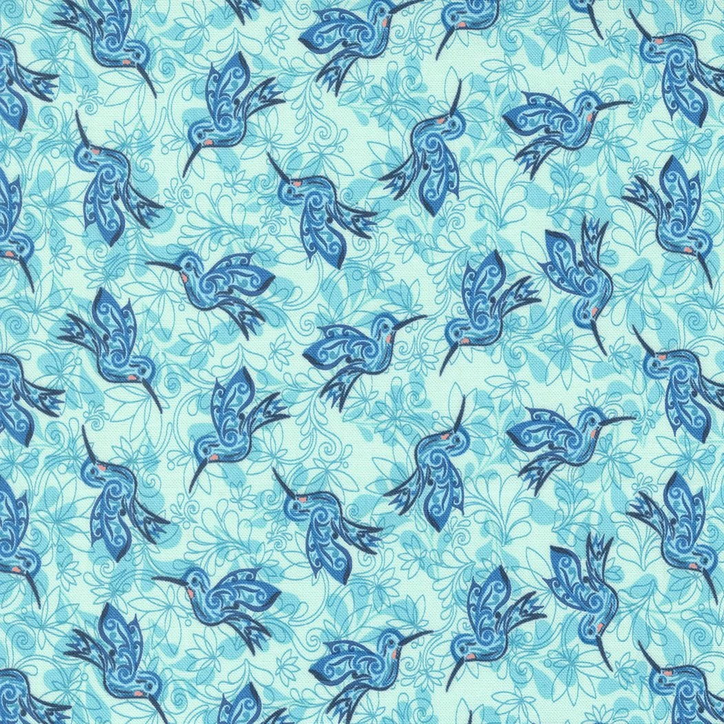Pattern of blue hummingbirds with intricate designs, set against a light blue background with floral outlines.