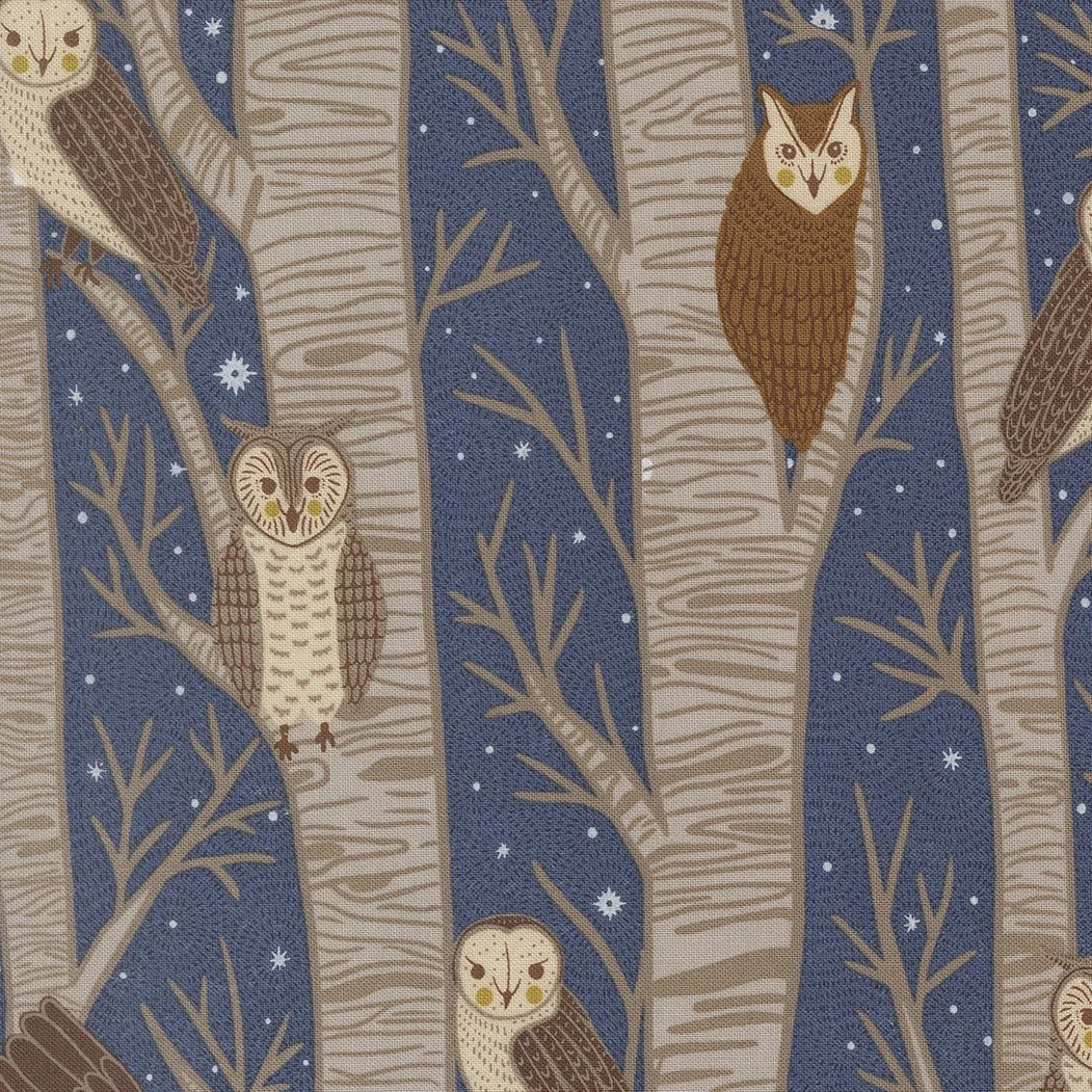 Pattern of trees with owls and stars on a blue background