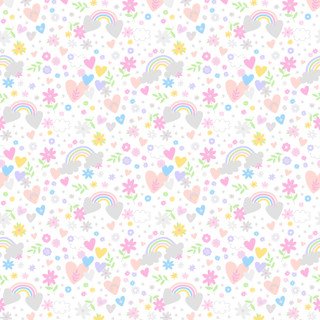 A colorful, pastel pattern featuring hearts, rainbows, flowers, and stars on a white background.