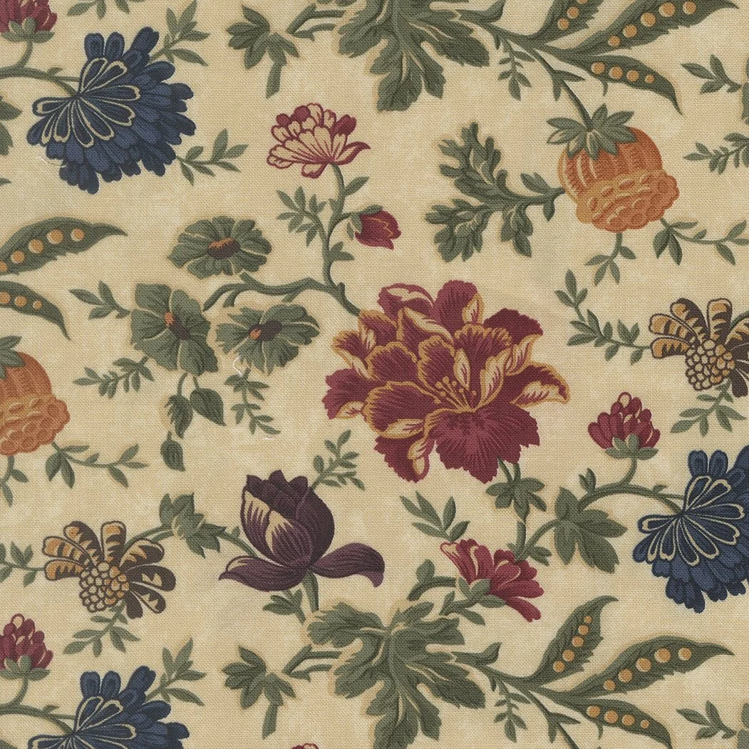 Patterned fabric with colorful floral and butterfly motifs on a beige background.