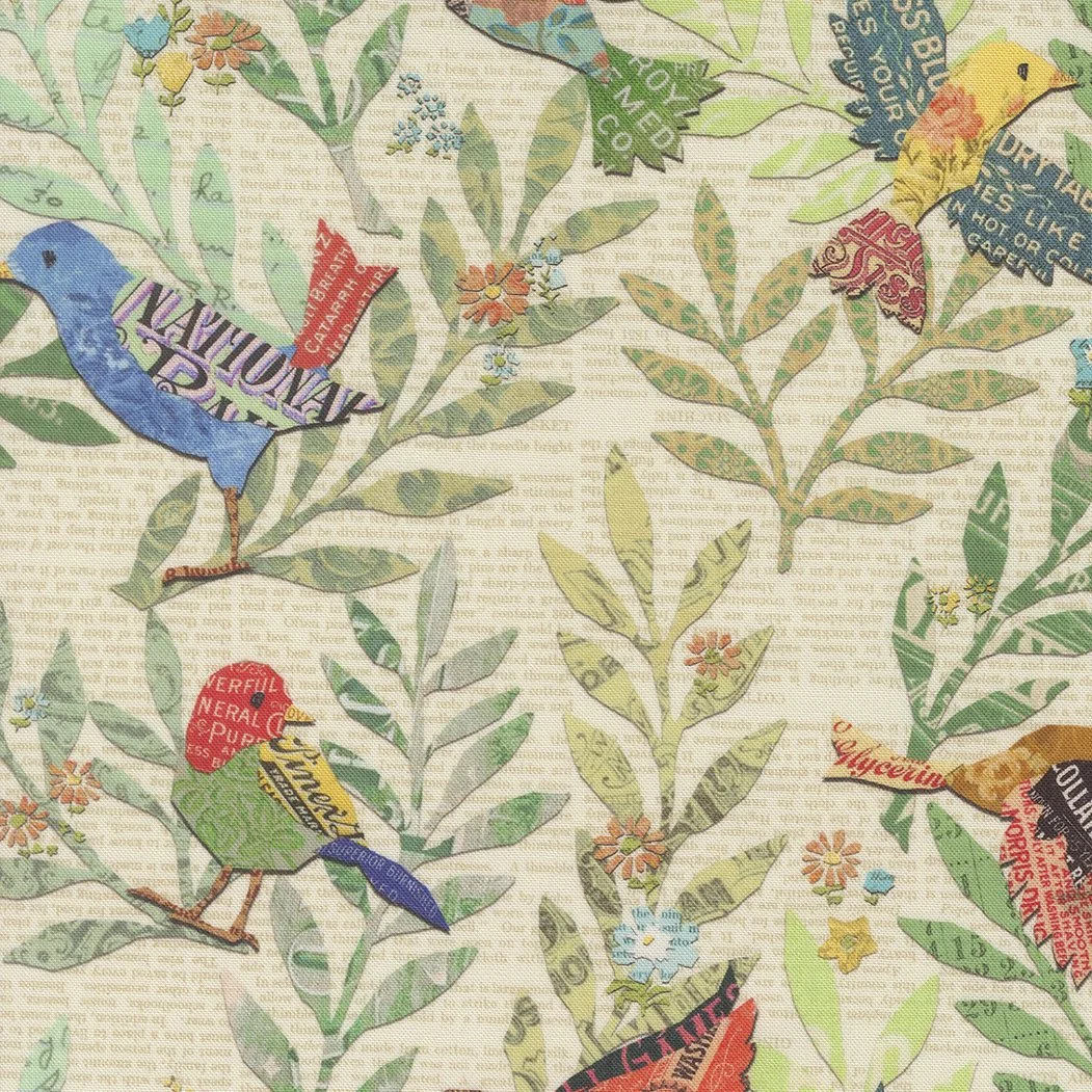 Pattern fabric with colorful birds and green leafy branches.