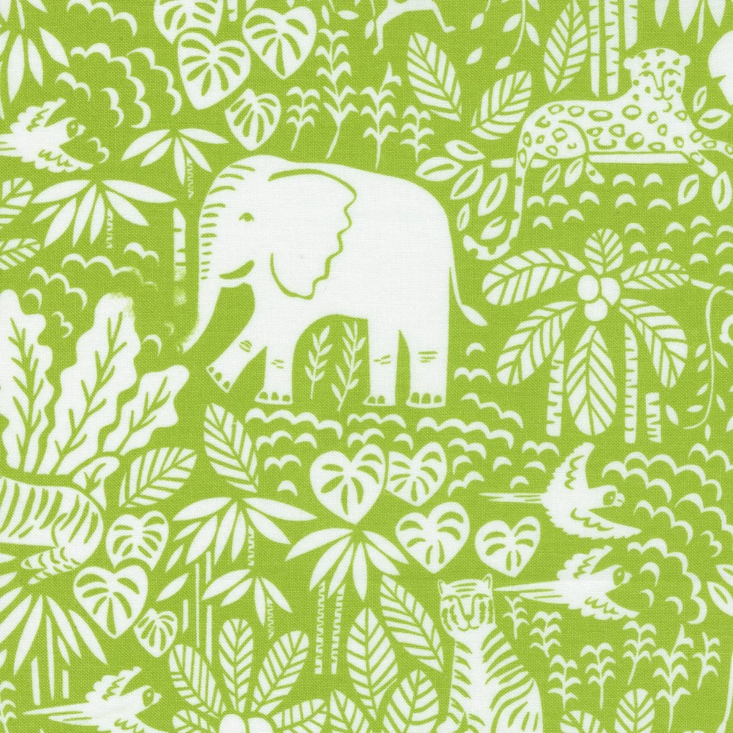 Green and white jungle-themed illustration with an elephant, a tiger, birds, and various tropical plants and leaves.