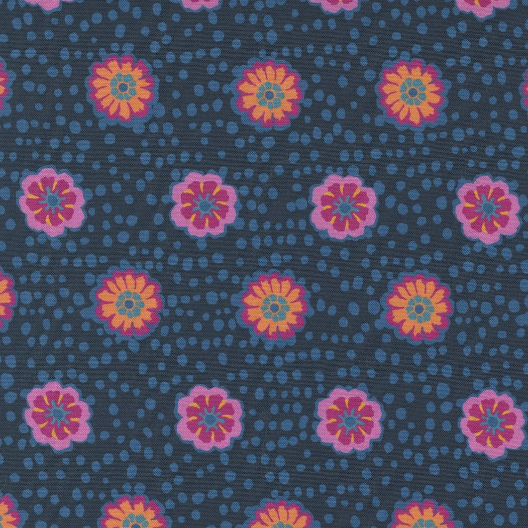 A fabric pattern with pink flowers and yellow accents on a dark blue background with blue dots.