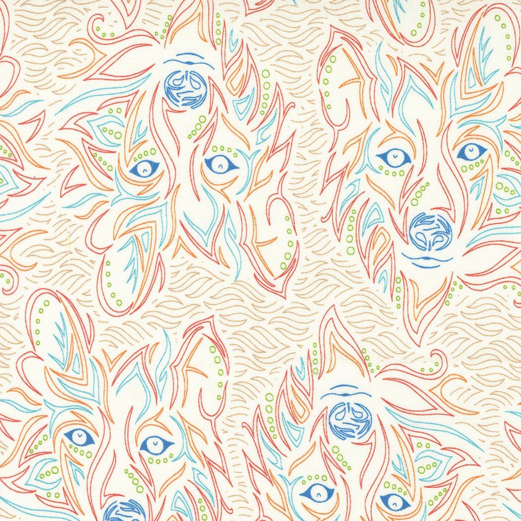 Pattern of abstract animal faces with blue eyes, created with red, blue, green, and brown lines on a beige background.