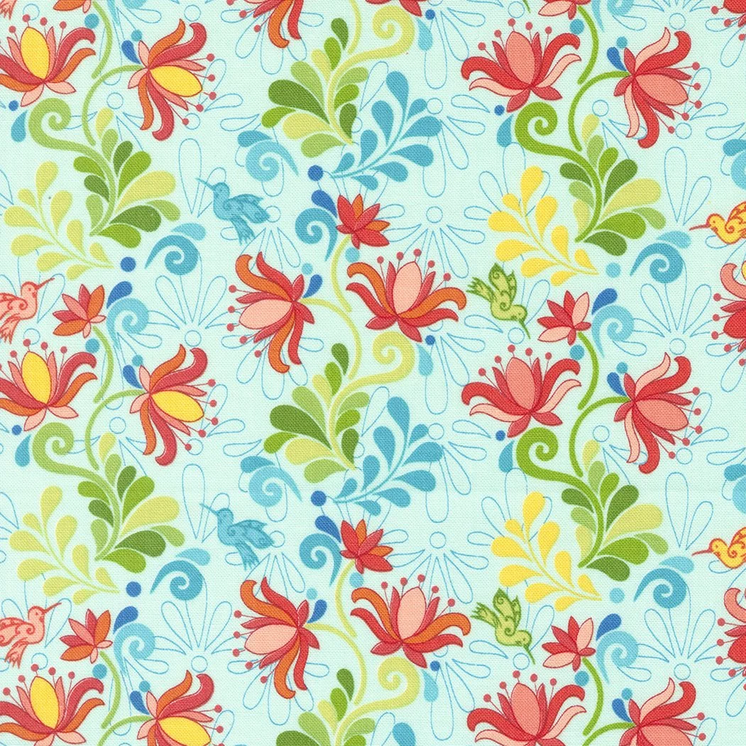 Colorful floral pattern with pink, yellow, green, and blue flowers, hummingbirds, and decorative swirls on a light blue background.