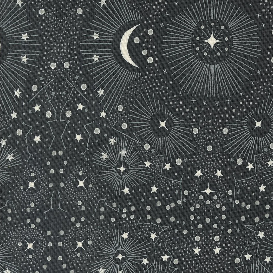 Pattern of stars, moons, and constellations on a dark background.
