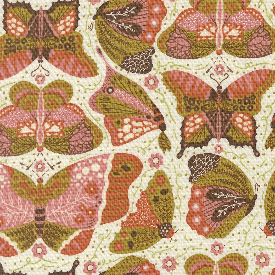 Pattern featuring pink and olive green moths, butterflies, and leaves on a cream background.