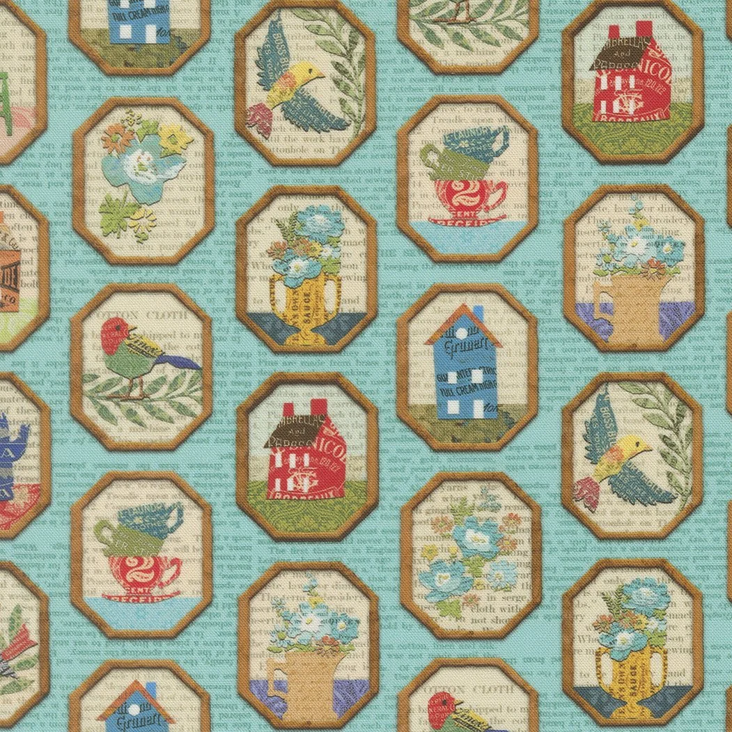 Pattern featuring embroidered pictures of teapots, flowers, birds, and houses on a blue background.