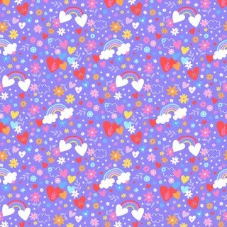 Colorful seamless pattern featuring white unicorns with rainbow manes, red and yellow hearts, yellow stars, pink and purple flowers, and small pink hearts on a purple background.