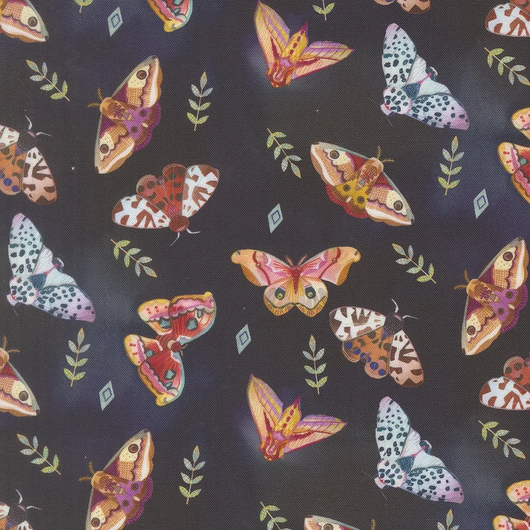 Pattern of colorful butterflies and small green leaves on a black background.