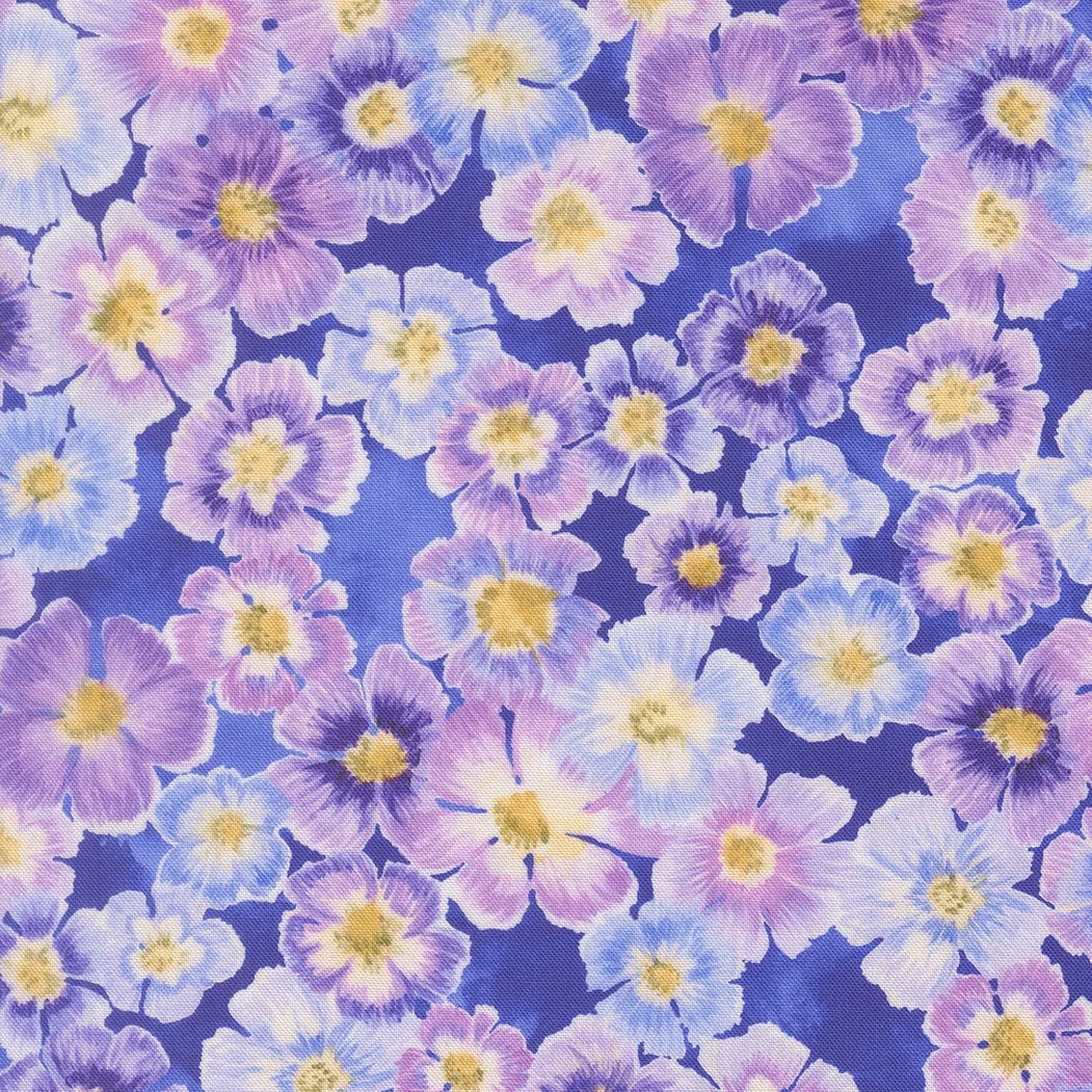 Pattern of pastel-colored flowers in purple, pink, and light blue on a dark blue background.