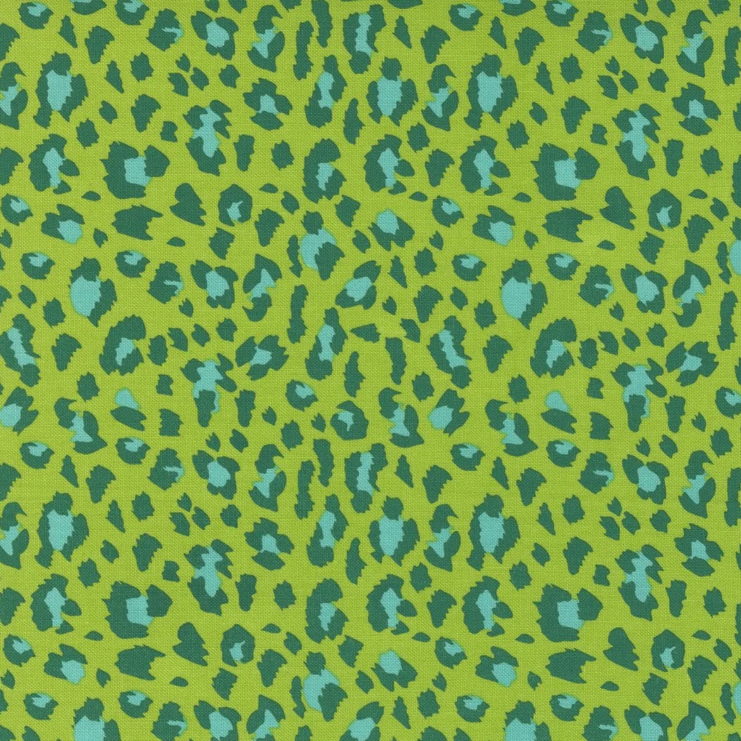 Green fabric with a blue and green leopard print pattern.