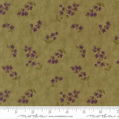 Light green fabric with a pattern of small purple flowers and green leaves