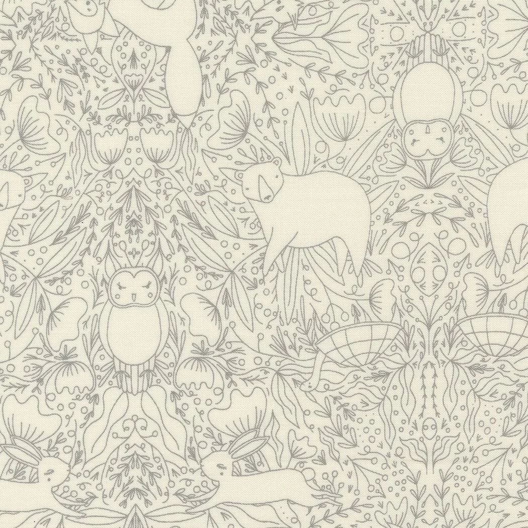 Pattern featuring cartoon-style animals, including unicorns, owls, bears, rabbits, and insects, surrounded by leaves, flowers, and abstract decorative details in a monochrome design.