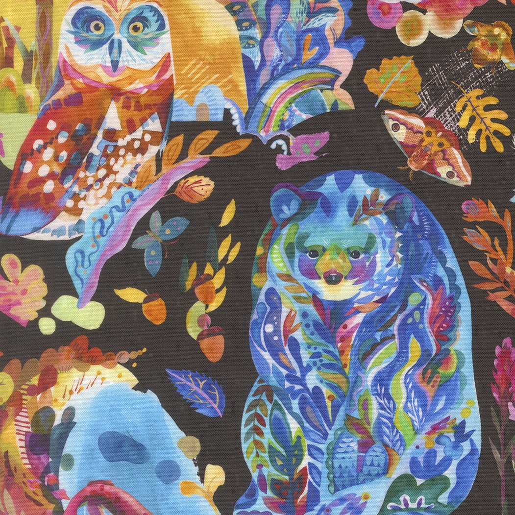 Colorful, abstract artwork featuring an owl, a wolf, a moth, and various floral and leaf patterns on a black background.