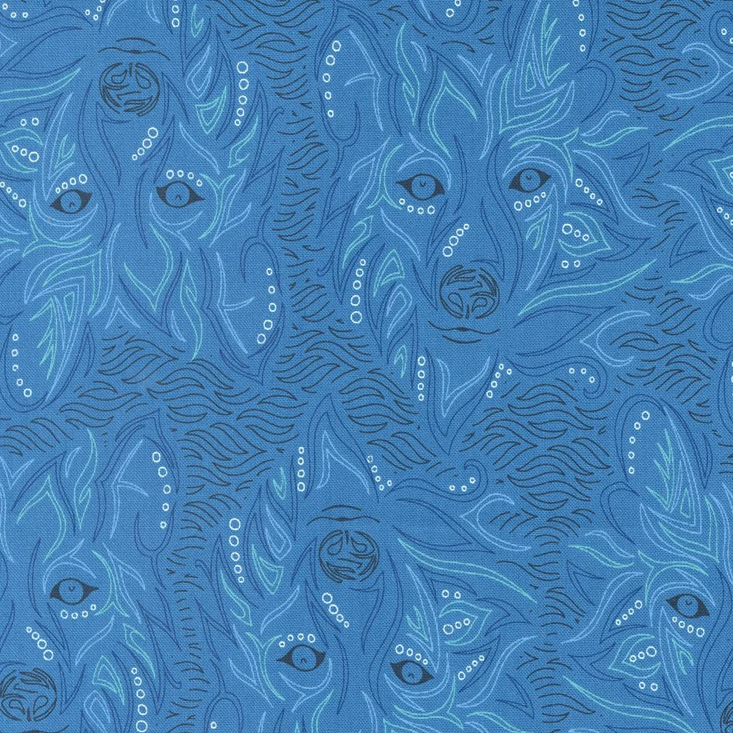 Pattern featuring stylized wolf faces, eyes, and swirling lines in shades of blue, black, and white.