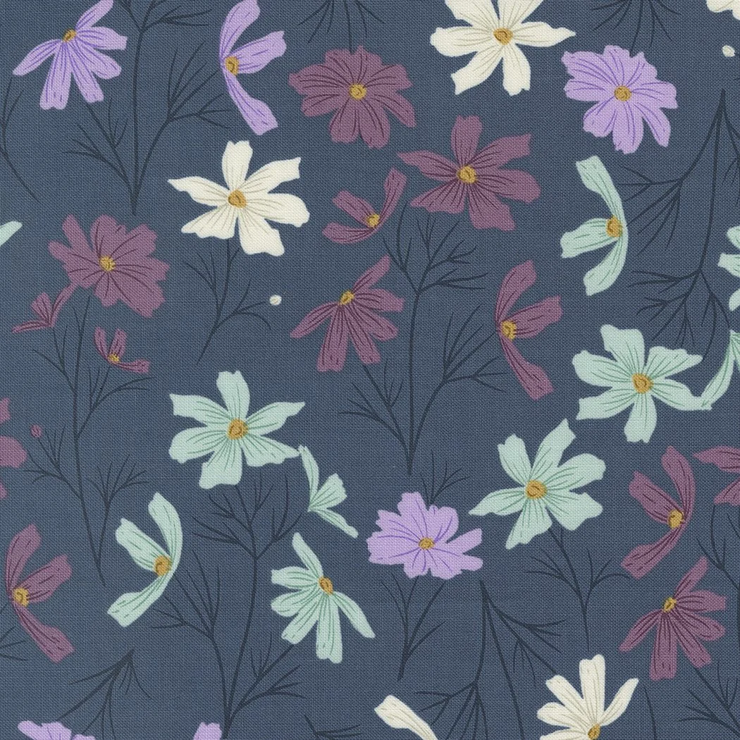 Close-up of fabric with a dark blue background, decorated with white, pink, and purple flowers with yellow centers and black stems.