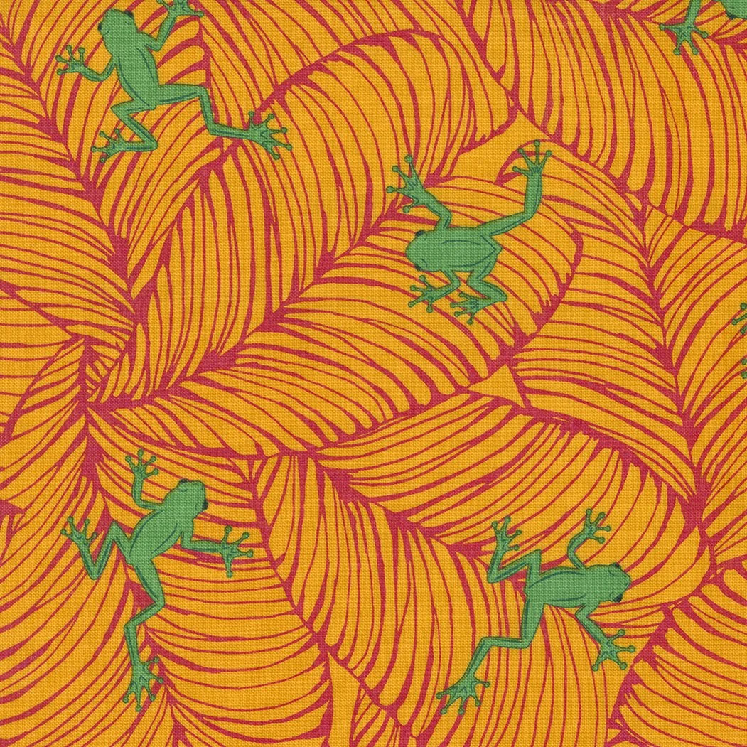Bright pattern with orange and yellow leaf-like shapes and green frogs scattered across the design.