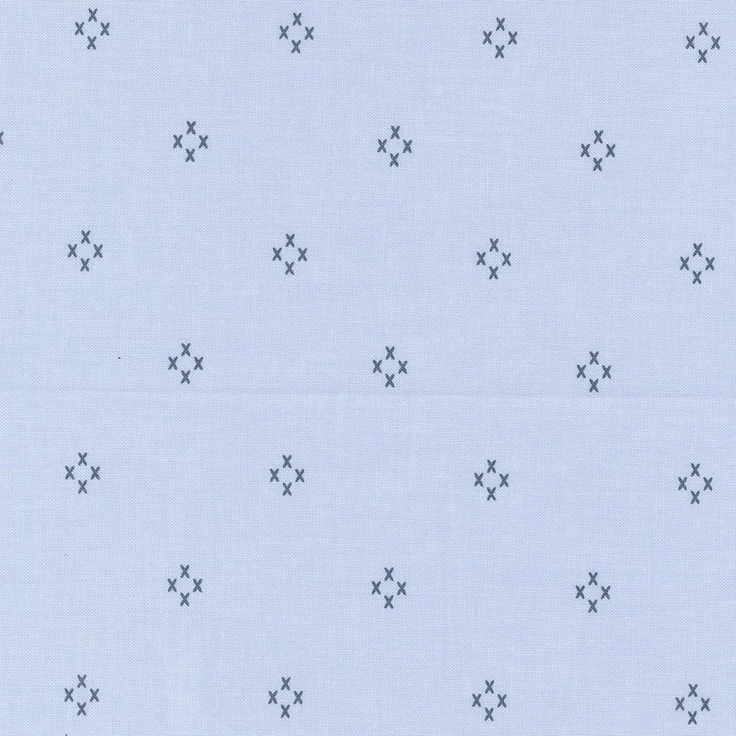 Light blue fabric with small navy blue X patterns arranged in clusters.