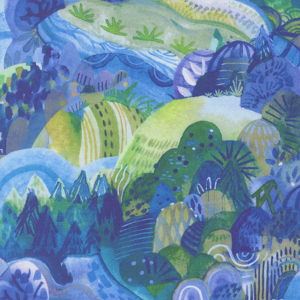 A colorful abstract painting of a landscape with trees, hills, and mountains in shades of blue, green, and purple.
