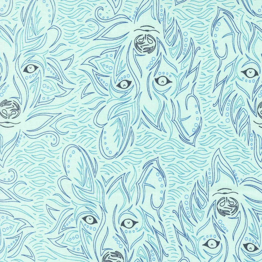 A light blue background with a pattern of stylized wolf faces and leaves outlined in darker blue, arranged in a seamless, decorative design.
