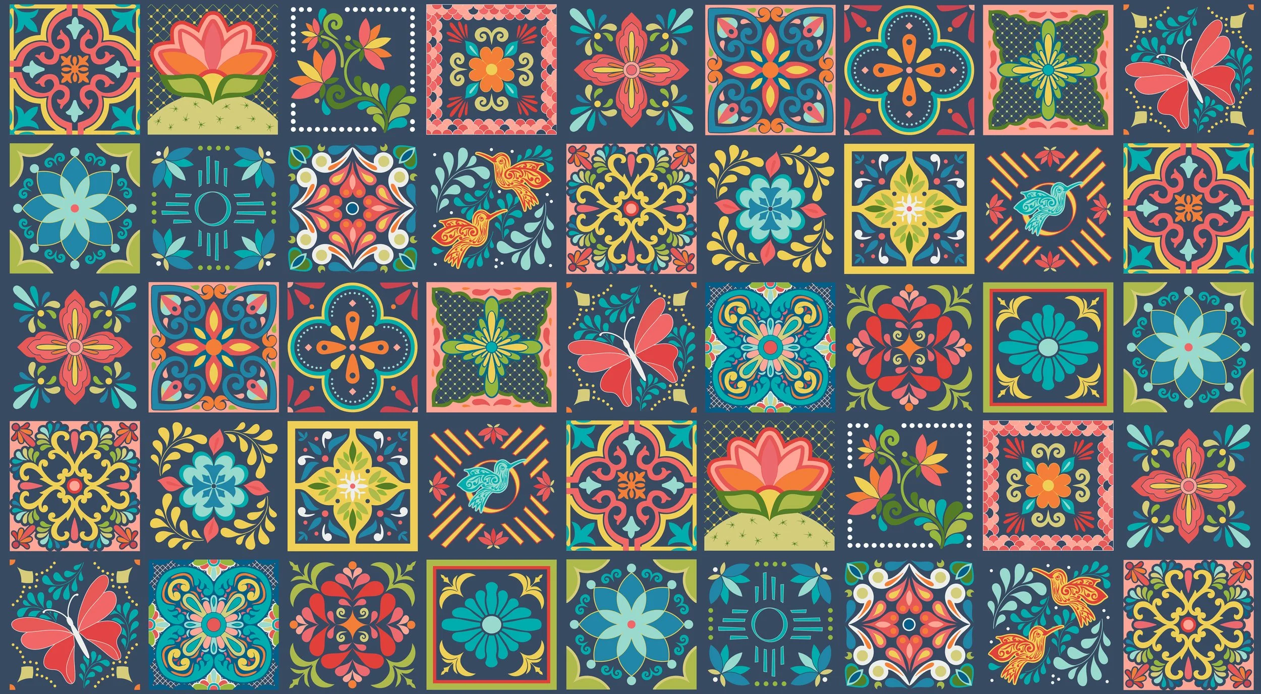 A colorful mosaic pattern featuring floral motifs, butterflies, birds, and geometric designs in shades of blue, red, yellow, green, and pink.