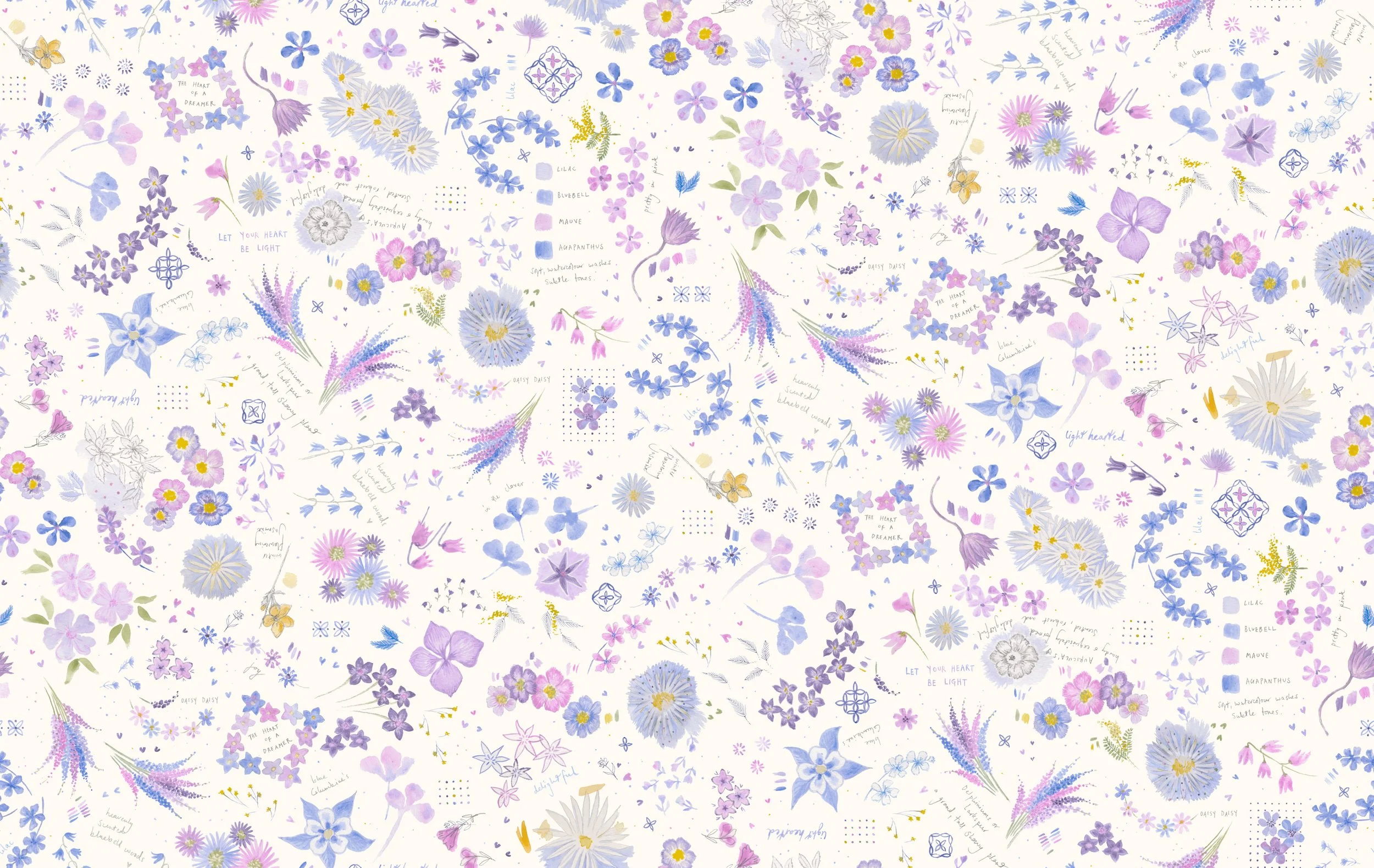 A pattern of watercolor purple, pink, and blue flowers with handwritten notes and small decorative elements on a white background.
